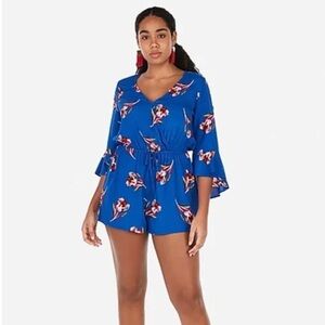 Express Womens Size Small Blue Floral Romper 3/4 Bell Sleeves